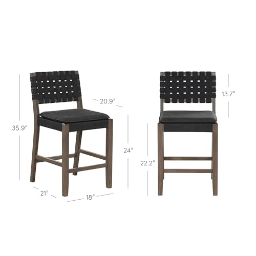 Image of Nathan James Cohen Mid-Century Modern Suede Bar Stool, Counter Height Chair in Solid Wood Frame with Footrest and Woven Suede Back for Kitchen, Black, Set of 4