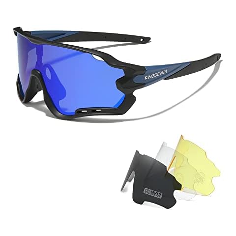 KINGSEVEN Polarized Cycling Glasses for Men Women Bicycle Sports MTB Road Bike Sunglasses with 4 Interchangeable Lenses LS-911 (Dark Blue) Cover
