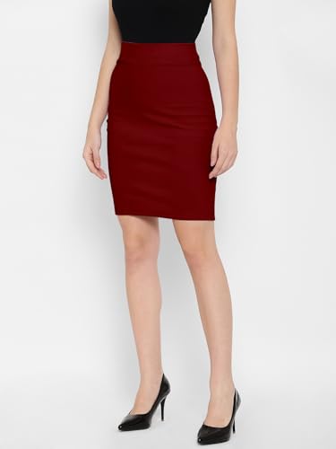 Image of Mehrang Formal Pencil Skirt, Women's Stretchable Pencil Midi Skirt, Cotton Blend Stretchable Knee Length Pencil Skirt with Elasticated Waist Belt