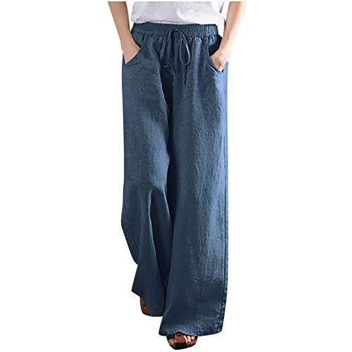 Wide Leg Palazzo Pants for Women Dressy Casual 2024 Cotton Linen Flowy Pants Summer Beach High Waist Long Trousers Womens Beach Pants Blue S