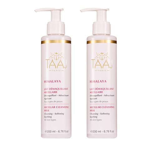 TAAJ | Leche Desmaquillante Micelar Himalaya | Limpia y desmaquilla | Elimina las impurezas | Piel perfectamente suave y flexible | Fabricado en Francia | Vegano | Pack de 2 × 200 ml