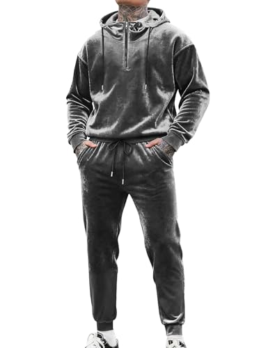 LecGee Mens Fashion Jogger Suits 2 Piece Set 1/4 Zip Pullover Tops and Joggerpants Velvet Fall Hoodie Outfit(Grey, Large)