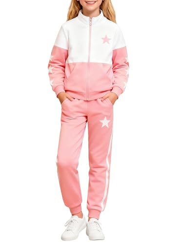 Klyatpxoen 9 10 Years Teen Girls' 2 Piece Zip Up Tracksuit: Stand Collar Star Print Casual Sweatshirt & Joggers with Pockets（Pink, 9 10T