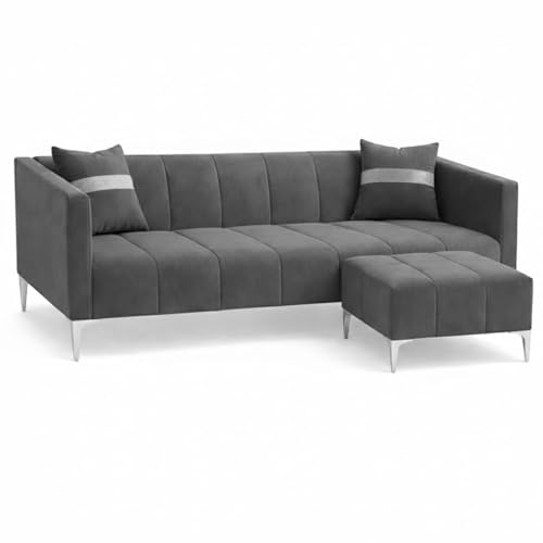 Image of Solomon 4 Seater L Shape Sofa Set with Movable Ottoman | Flexible Left or Right Layout | Luxe Velvet Suede Fabric | Comfortable Seating | Modern Sofa for Living Room - Dark Gray