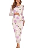 AISWI Maternity Mesh Dress Ruched Side Round Neck Pregnancy Dresses Baby Shower Wedding Guest Cocktail Party 2025 Fall, 3.Large Floral Purple, Medium