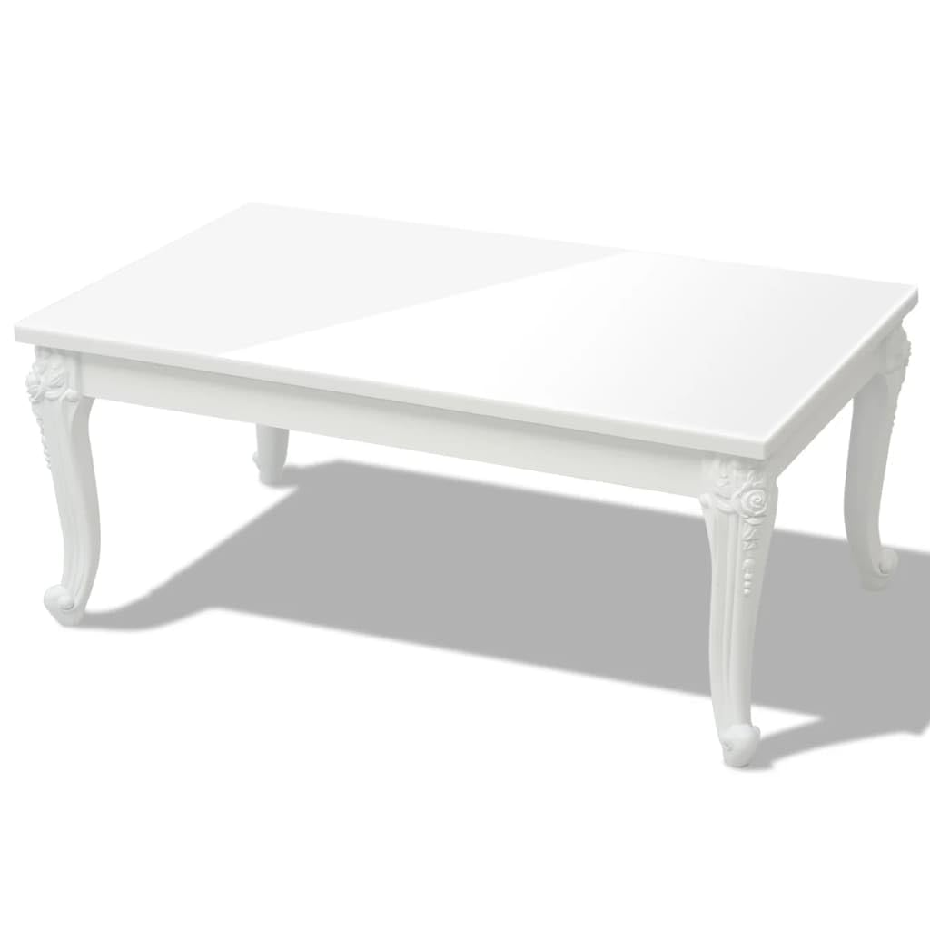 Générique Lakierowany stolik kawowy biały błyszczący 100x60x42 cm MDF | 4 stabilne nóżki z tworzywa sztucznego, wzór rzeźby drewnianej, łatwe do czyszczenia, do użytku w salonie lub jako dodatek