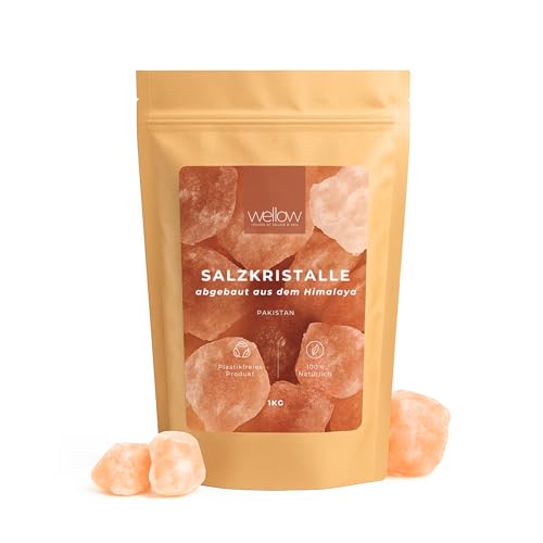 wellow Himalaya Salzkristalle 1 kg 2-5 cm Brocken Saunasalz für Aufguss & Solebad naturbelassenes Ursalz aus Pakistan für Sauna Wellness & Detox auch für Salzlampe