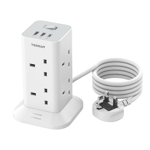 Tower Extension Lead with USB C Slots, TESSAN 8 Way Plug Extension Socket with Switch, Surge Protected Power Strip with 2M Cable for Home, School Supplies