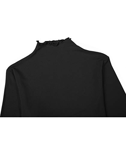 image for POPZONE Women's Black Ribbed Lettuce Trim Mockneck Long Sleeve Tops Ba