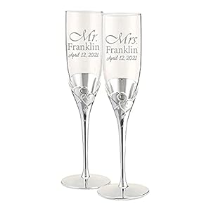 Lenox True Love Silver Personalized Wedding Champagne Flutes, Set of 2 Custom Engraved Champagne Glasses, Accessories and Gifts for the Bride and Groom