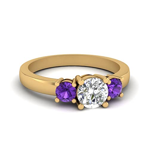 Image of 55Carat Choose Your Gemstone 3 Stone Round Diamond CZ Engagement Ring Yellow Gold Plated Round Shape 3 Stone Engagement Rings Minimal Modern Design Birthday Gift Wedding Gift US Size 4 to 12