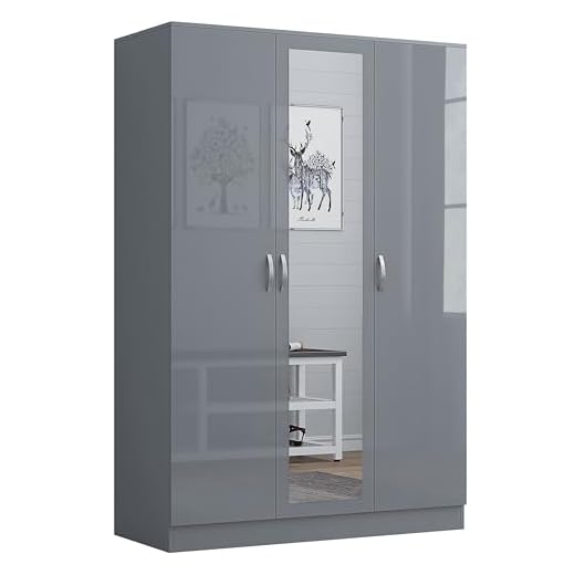 Nera 3 Door Wardrobe with Mirror Shelves and Hanging Rail Tall Wardrobes for Bedrooms Storage (Gloss Grey (Matt Grey))