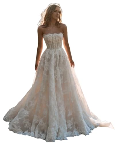 HUINI Spitzen Tüll Hochzeitskleider für die Braut Elegantes Schulterfrei A-Linien Brautkleider mit Schleppe Weiß 36