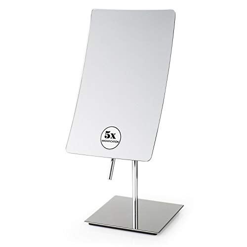 GloRiastar Minimalist Rectangular Vanity Mirror, 5X Magnification Makeup Mirror,Elegant Frameless Design for Bedroom Table or Bathroom Countertop,Chrome Finish