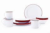 Enamelware 16 Piece Dinnerware Starter Set - Solid White with Red Trim
