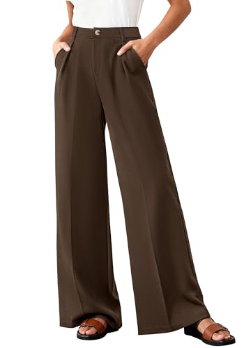 BTFBM Women's Wide Leg Palazzo Pants, Button High Waisted with Pockets, Casual Work Summer Outfits, Trendy Business 2026(Brown, Medium)