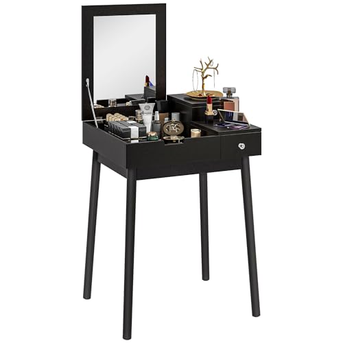 HOMCOM - Tocador con espejo, mesa de maquillaje, estilo moderno, 2 cajones, espejo abatible, para dormitorio, sala de estar, 60 x 50 x 85,5 cm, color negro