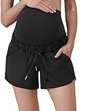 Maacie Maternity High Waist Shorts Drawstring Workout Shorts with Pockets Black M