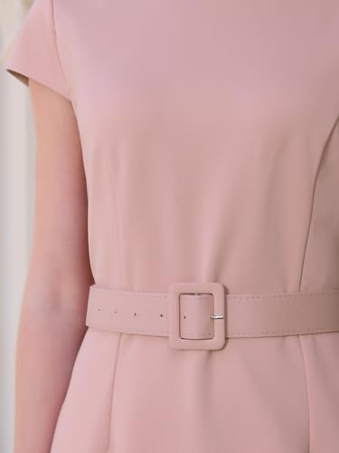 Image of Hobemty Women's Knee Length Pencil Dress Cap Sleeve Belted Wear to Work Sheath Dresses