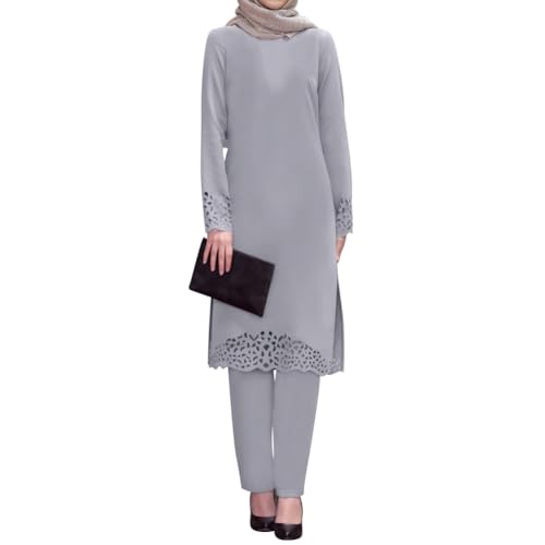 Abaya 2 pièces pour femme avec haut long et pantalon à lacets style Dubaï