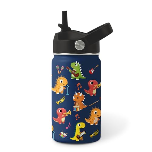 Image of Music Dinosaur Water Bottle for Son, Stainless Steel Insulated Tumbler with Straw Lid and Handle, 12oz Reusable Leak-Proof Bottle for Sports
