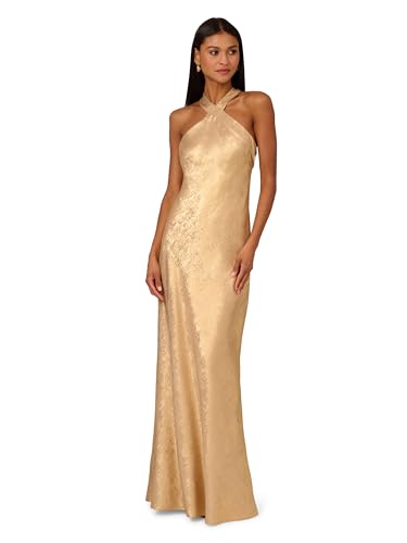 Adrianna Papell Adrianna Evening Women's Foiled Woven Halter Gown, Light Gold, 14