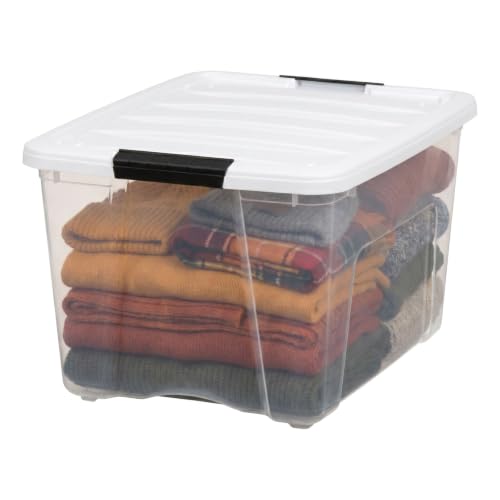 Image of IRIS USA 40 Qt Storage Bins with Lids, 6 Pack, Clear /White | Versatile storage for clothing, linens, seasonal decor, closet organization, and shelving units.