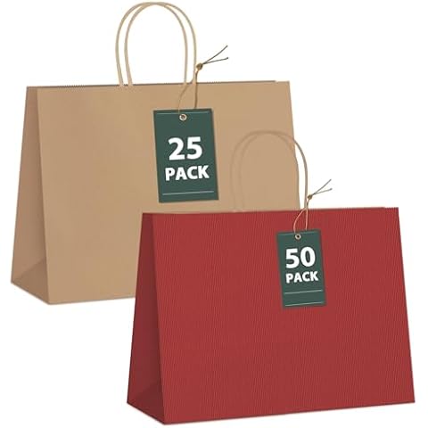 GSSUSA 16x6x12 Paper Gift Bags Red 50PCS & Paper Gift Bags Brown 25PCS Cover