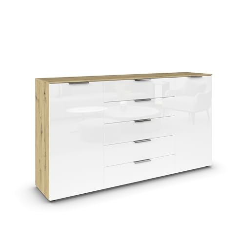 Rauch Möbel Flipp, Kommode für Schlafzimmer, Kinderzimmer, Wohnzimmer, Jugendzimmer, Flur, Garderobe, 2-türig, 5 Schubladen, mit Softclose-Funktion, Farbe Eiche Artisan, Holz/Glas Weiß, Breite 180 cm