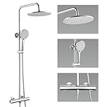 Auralum Thermostatic Shower Mixer Set, 25cm Overhead Rainfall Shower Head (129 Jets) and 3-Mode Handheld Shower, Adjustable Shower Rail & Solid Brass Thermostatic Shower Mixer Valve, Anti-Scald
