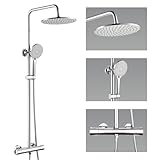 Auralum Thermostatic Shower Mixer Set, 25cm Overhead Rainfall Shower Head (129 Jets) and 3-Mode Handheld Shower, Adjustable Shower Rail & Solid Brass Thermostatic Shower Mixer Valve, Anti-Scald