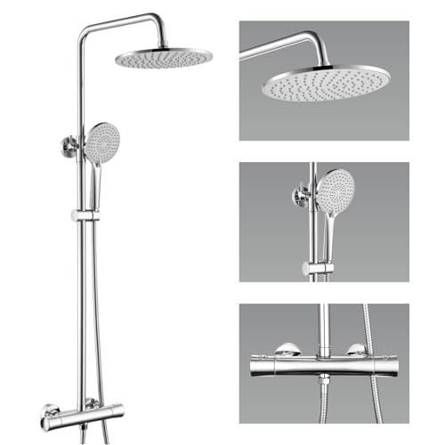 Auralum Thermostatic Shower Mixer Set 25cm Overhead Rainfall Shower Head (129 Jets) and 3-Mode Handheld Shower Adjustable Shower Rail & Solid Brass Thermostatic Shower Mixer Valve Anti-Scald