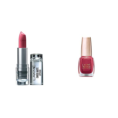 Image of LAKME Enrich Matte Lipstick, Matte Finish, Shade PM14, 4.7g & True Wear Nail Color, Shade 506, 9 ml