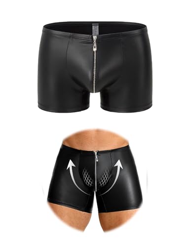 sunshinelady Boxershorts Herren Sexy PU Unterhosen Männer Große Größen Shorts Unterwäsche mit Reißverschluss String Tanga mit Beutel Low Rise Underwear Men Clubwear Schwarz XXL