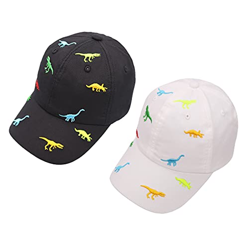 jerague 2 Pack Sets Dinosaur Embroidery Baby Baseball Cap Toddler Kids Summer Cotton Sun Visor Hats Adjustable Flat Caps 2-6T Black/White