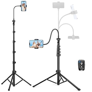 Phone Tripod Stand, 85″ Tall Cellphone Tripod with Gooseneck Remote, Flexible Tripod Stand for iphone, Portable Phone Stand Tripod for Recording, Compatible with iPhone 14 13 12 pro Android Cell phone