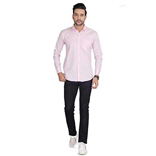 Image of Men's Solid Slim Fit Cotton Casual Shirt with Spread Collar & Full Sleeves