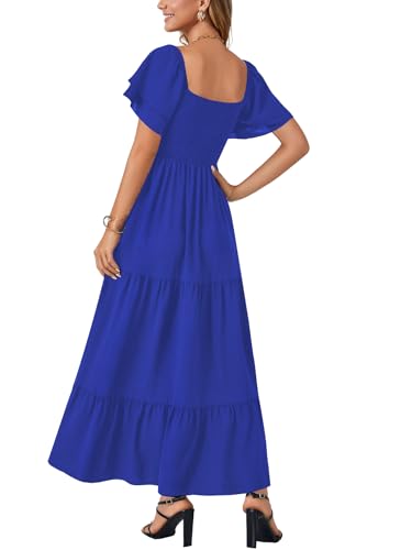 Image of LYANER Women's Square Neck Midi Dress | Summer Ruffle Short Sleeve Smocked Tiered Ruched Flowy A Line Party Casual Dresses