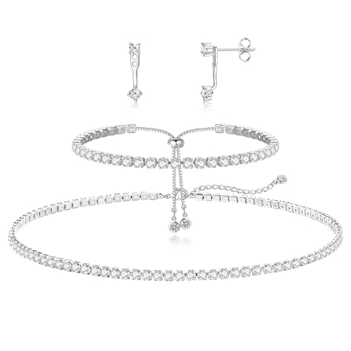 Luxval Tennis Necklace Set for Women Tennis Bracelets Diamond Earrings Sterling Silver Necklace Wedding Jewelry for Bride Silver Jewelry Sets for Women Gift