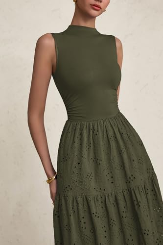Image of PRETTYGARDEN Summer Dresses for Women 2026 Casual Eyelet Sleeveless Wedding Guest Maxi Dress Tank Top Sundress with Pockets