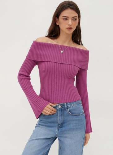 Image of CIDER Off The Shoulder Tops for Women Long Sleeve Going Out Y2K Tops Knit Pullover Fall Outfits Trendy