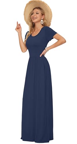 Image of AUSELILY Women's Summer Short Sleeve Loose Plain Casual Long Maxi Dresses | Year Round wear solid floral print, Casual wear, Empire waist, Floor length, Side pockets