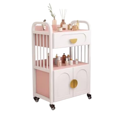 Carro Rodante Para Baño Carrito De Salón De Belleza De 2 Niveles Con Cajón Y 2 Puertas De Gabinete Carrito Rodante Móvil Con Ruedas Carrito De Salón De Belleza Carrito Auxiliar Con Ruedas(Pink+white)
