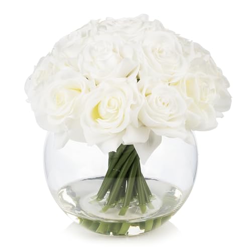 ENOVA FLORAL 16 Heads Silk Rose Artificial Flowers in Vase,Faux Rose Flowers Arrangement in Round Bowl Vase with Faux Water for Table Decor Centerpieces (White)
