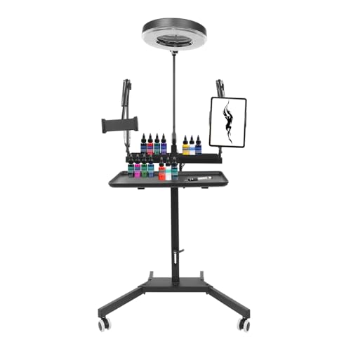 Professional Tattoo Workstation with LED Tattoo Light & 5X Magnifier, Adjustable Rolling Tattoo Artist Table Cart with Lockable Wheels, Detachable Tray, Tattoo Rolling Trolley for Studio