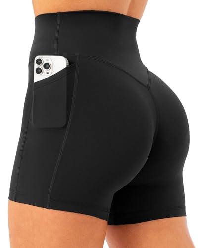 Unthewe High Waisted Biker Shorts for Women with Pockets - 4.5 No Front Seam Workout Gym Spandex Shorts(U775-Black-M)