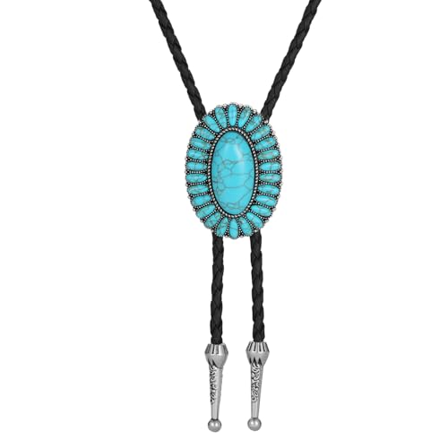 Image of AZORA Western Cowboy Bolo Tie Men Leather Necktie Leather Cord Turquoise Stone Bolo Ties for Men Women