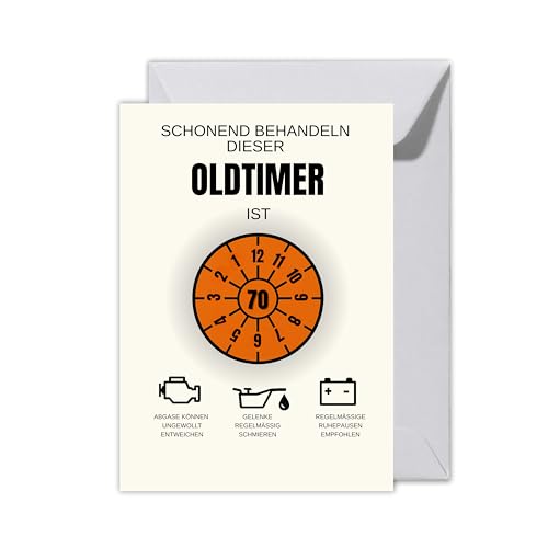 WBdesignz Lustige 70. Geburtstag Karte „Schonend behandeln dieser Oldtimer“ mit Umschlag - TÜV Plakette, Auto-Wartungshinweisen - Glückwunschkarte zum 70. Geburtstag für Männer, Frauen (XXL DIN A4)