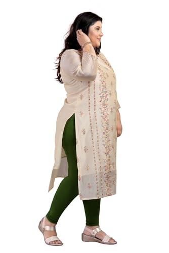 Image of DREAM & DZIRE Women's Chanderi Cotton Kurti | Floral Hand Embroidery | 3 /4 Sleeve | Round Neck | Calf Length Straight Kurta | Beige | S to 8XL Plus Size