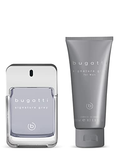 bugatti signature grey Geschenkset Parfüm Herren I Eau de Toilette 100ml & Duschgel 200ml I Zitrischer Herrenduft | Geschenkbox Männer Pflegeset mit Parfum & Duschgel I frisch, männlich, holzig